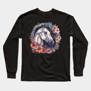 White Horse With Flowers Long Sleeve T-Shirt